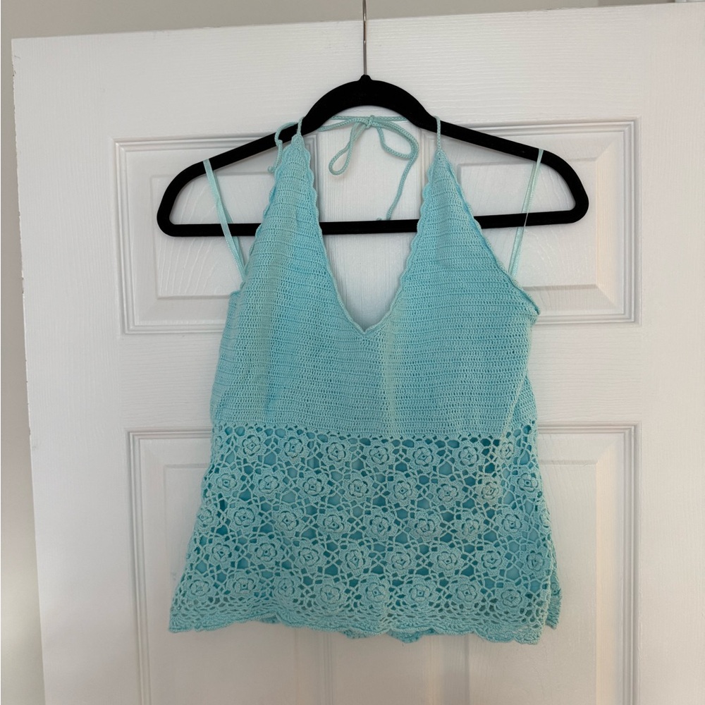 Light Blue Crochet Halter Top vintage Lily Pulitzer